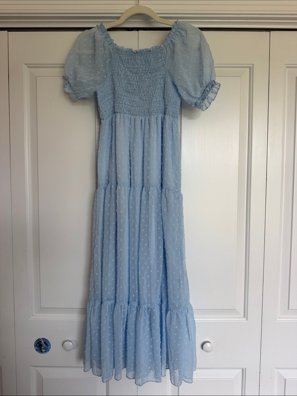 Girls' Light Blue Puff-Sleeve Tiered Midi Dress